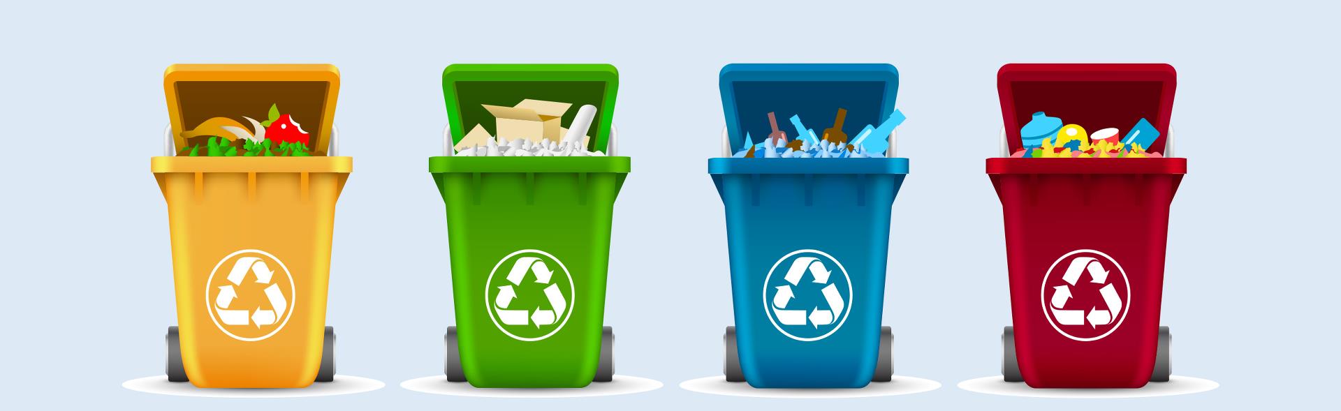 Grafisk tegning af affaldsbeholdere i forskellige farver til sortering af forskelligt affald
