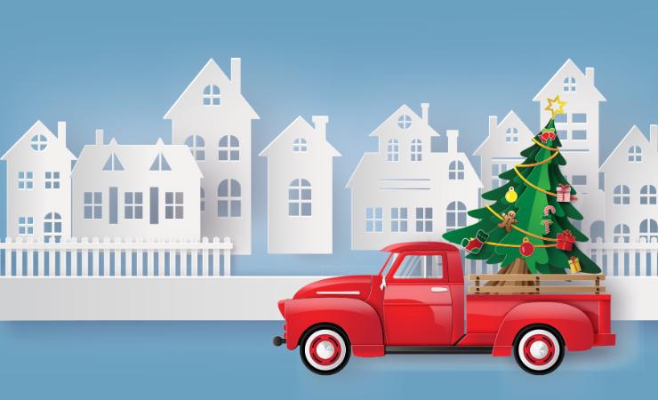 Grafisk tegning af rød bil med juletræ i ladet og hvide origamihuse i baggrunden