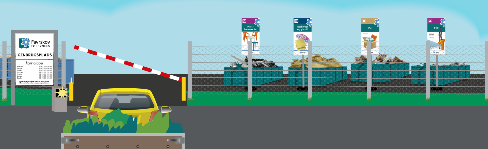 grafisk tegning af bil der kører ind på genbrugsplads med trailer og haveaffald