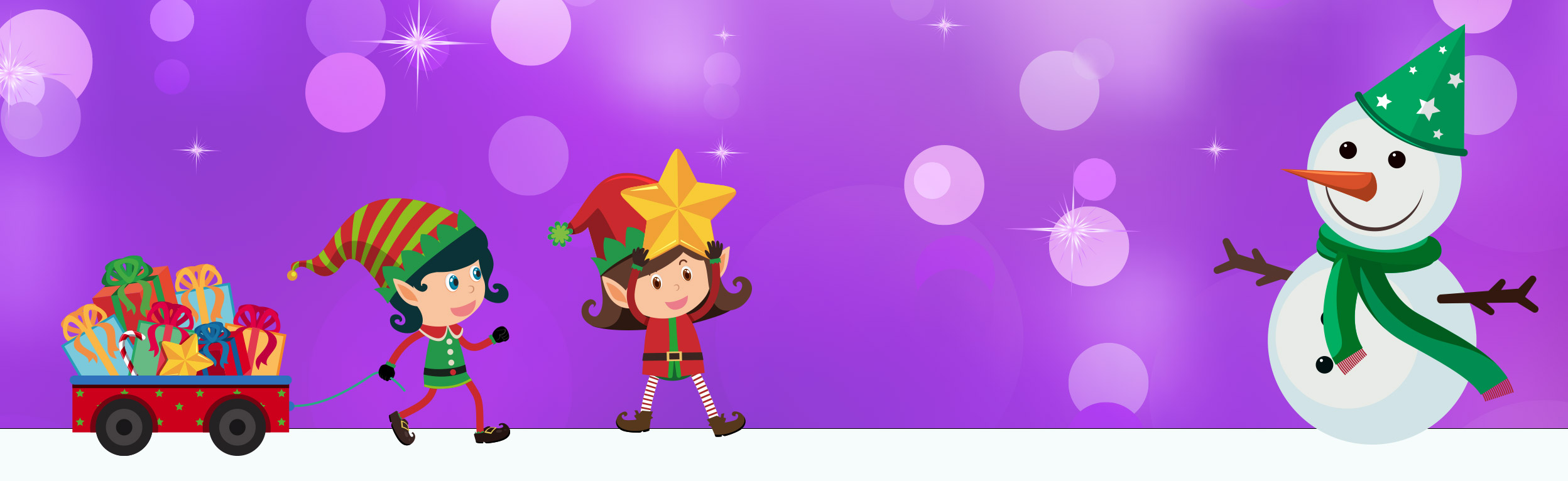 Grafisk tegning af snemand og to nisser på lilla baggrund