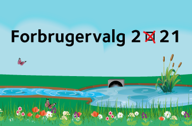 Grafisk tegning af vandløb, regnvandsbassin og blomster samt teksten Forbrugervalg 2021