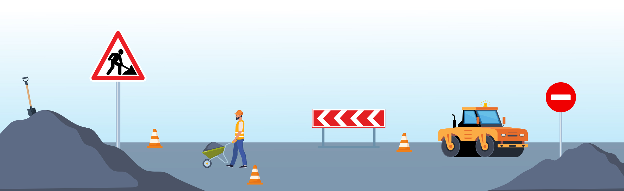 grafisk tegning af en damptrummel, et skilt med vejarbejde og to kegler, en bunke grus, en mand med en trillebør
