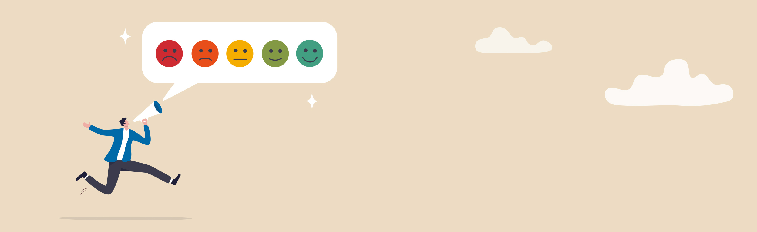Grafisk tegning af mand med megafon samt en taleboble med fem smileys, der gravist går fra sur til glad