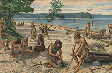 Billede/maleri af mennesker fra stenalderen, der lever på en strand