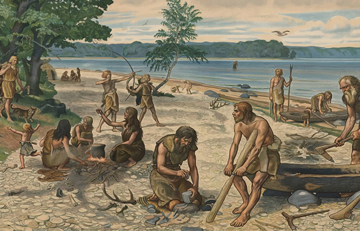 Billede af mennesker der bor, arbejder og leger på en strand i stenalderen