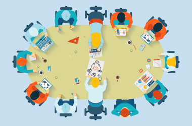 Grafisk tegning af 12 personer, der sidder rundt om et mødebord