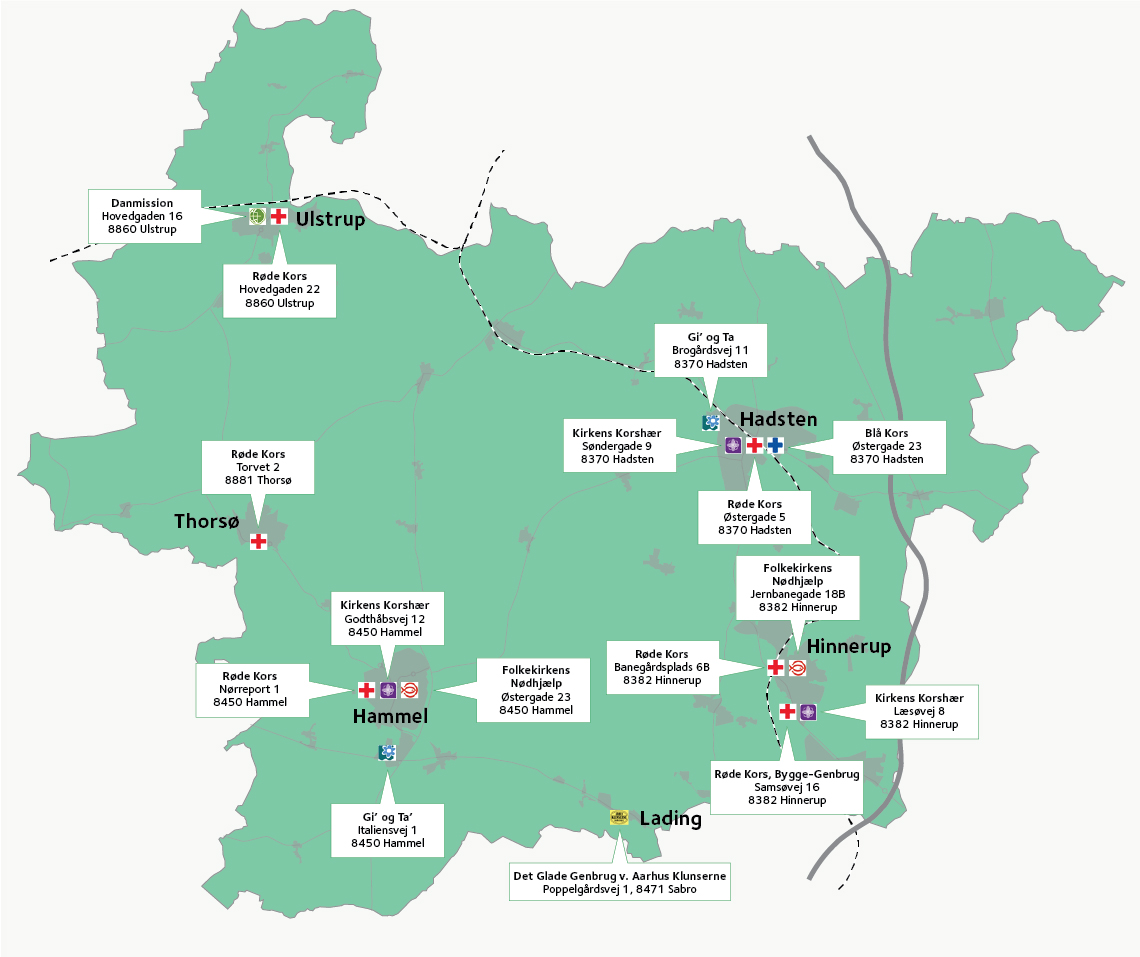Kort over Favrskov Kommune med markeringer af lokale genbrugsbutikker
