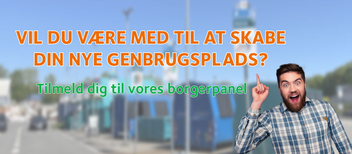 En mand i skjorte med skæg peget op på teksten "Vil du være med til at skabe den nye genbrugsplads"