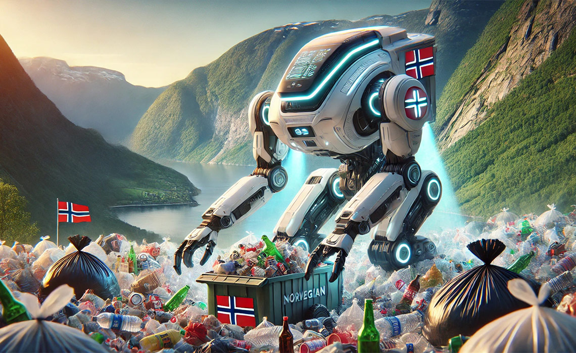 AI-generet billede af robot, der sorterer affald i et norsk fjeld