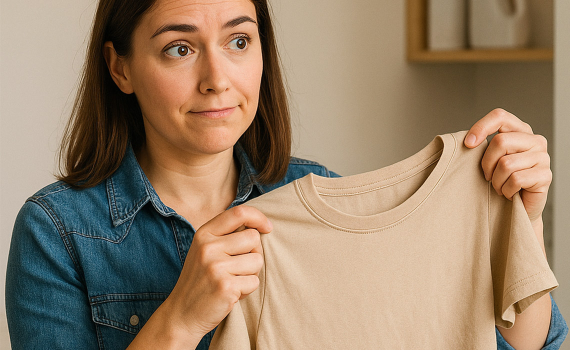 Kvinde holder en t-shirt i hænderne